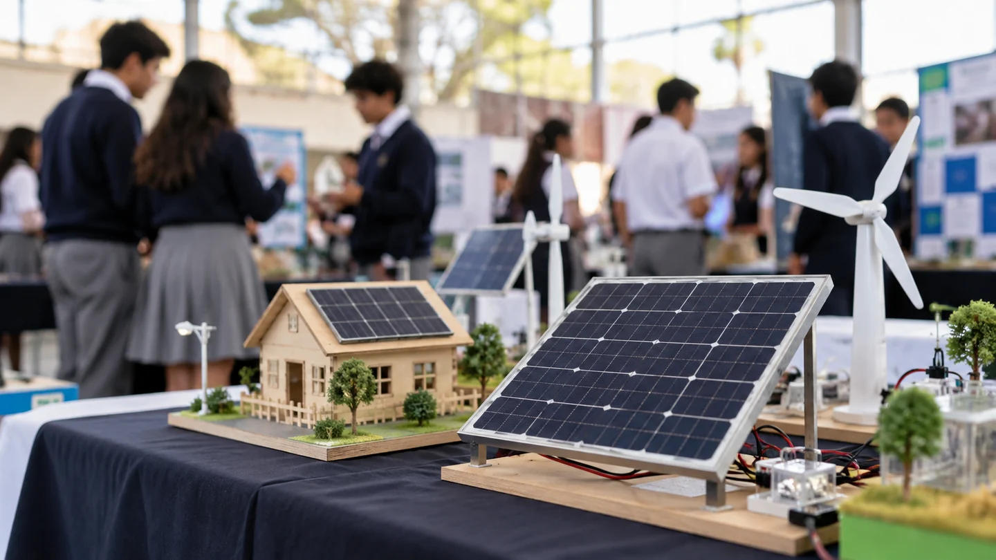 Estudiantes presentan proyectos de ciencias en una feria escolar. Imagen creada con IA; es ilustrativa y no documental.