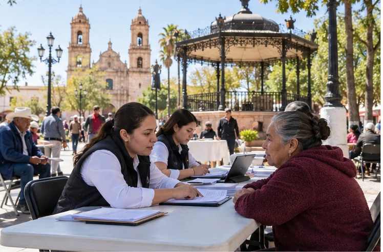 Personal de gobierno atiende a habitantes en una plaza de Coahuila. Imagen creada con IA; es ilustrativa y no documental.