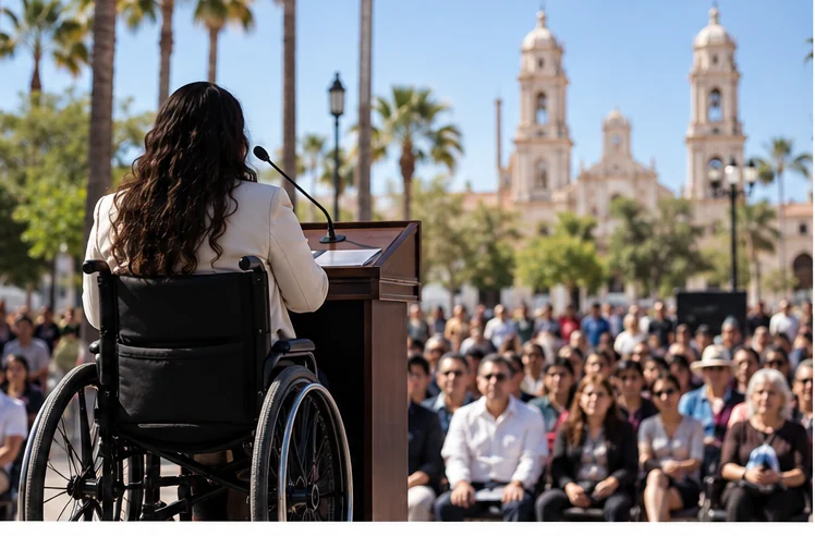 Persona usuaria de silla de ruedas participa en un foro público. Imagen creada con IA; es ilustrativa y no documental.