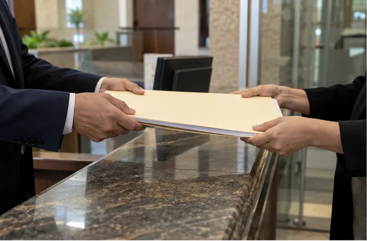 Entrega formal de documentos en una oficina pública. Imagen creada con IA; es ilustrativa y no documental.