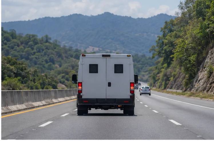 Vehículo de traslado circula por una carretera entre montañas. Imagen creada con IA; es ilustrativa y no documental.