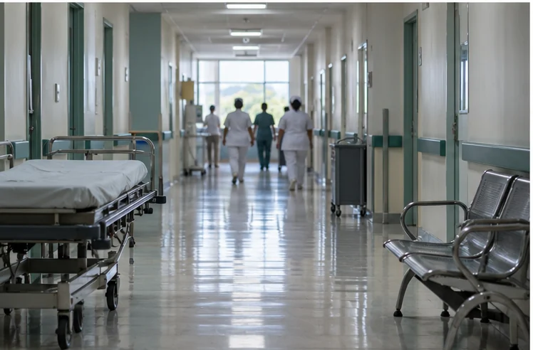 Pasillo de un hospital público con personal médico. Imagen creada con IA; es ilustrativa y no documental.
