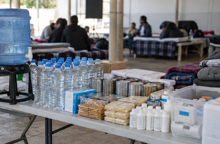 Personal humanitario entrega agua y suministros a migrantes. Imagen creada con IA; es ilustrativa y no documental.