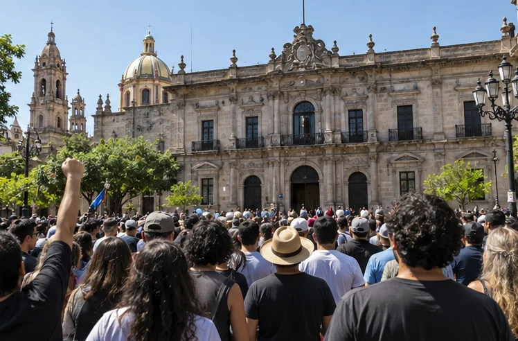 Personas participan en una manifestación pacífica en Jalisco. Imagen creada con IA; es ilustrativa y no documental.