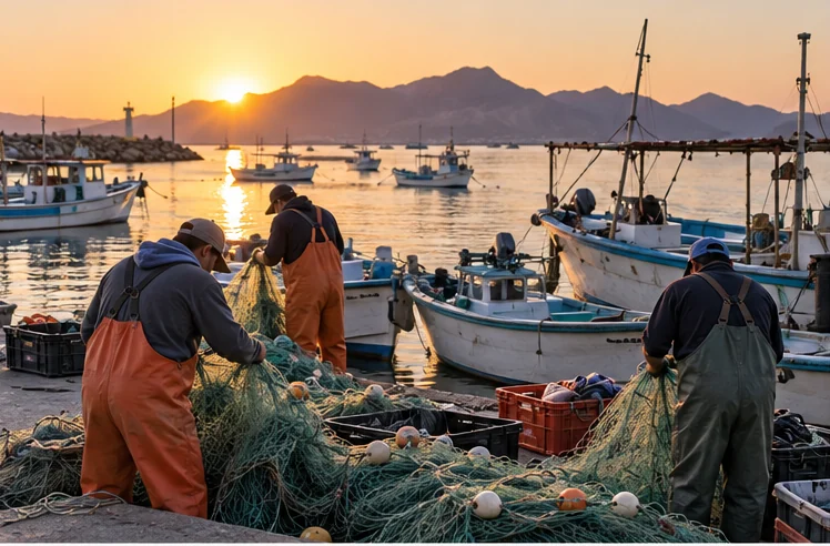 Pescadores trabajan junto a sus embarcaciones en San Felipe. Imagen creada con IA; es ilustrativa y no documental.