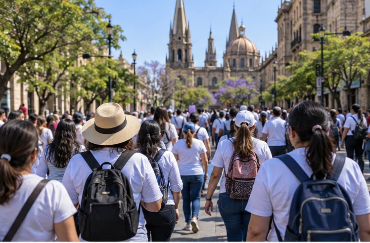 Docentes marchan en una protesta pública. Imagen creada con IA; es ilustrativa y no documental.