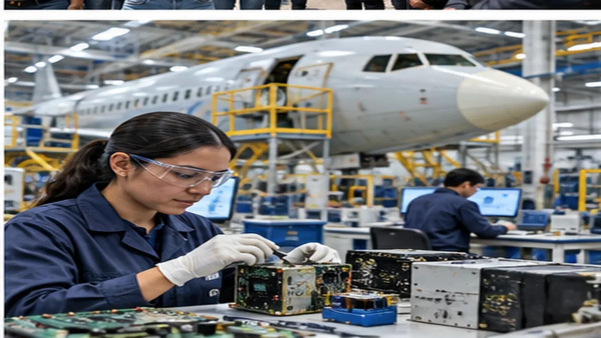 Ilustración editorial de una planta mexicana de manufactura electrónica vinculada al comercio internacional.