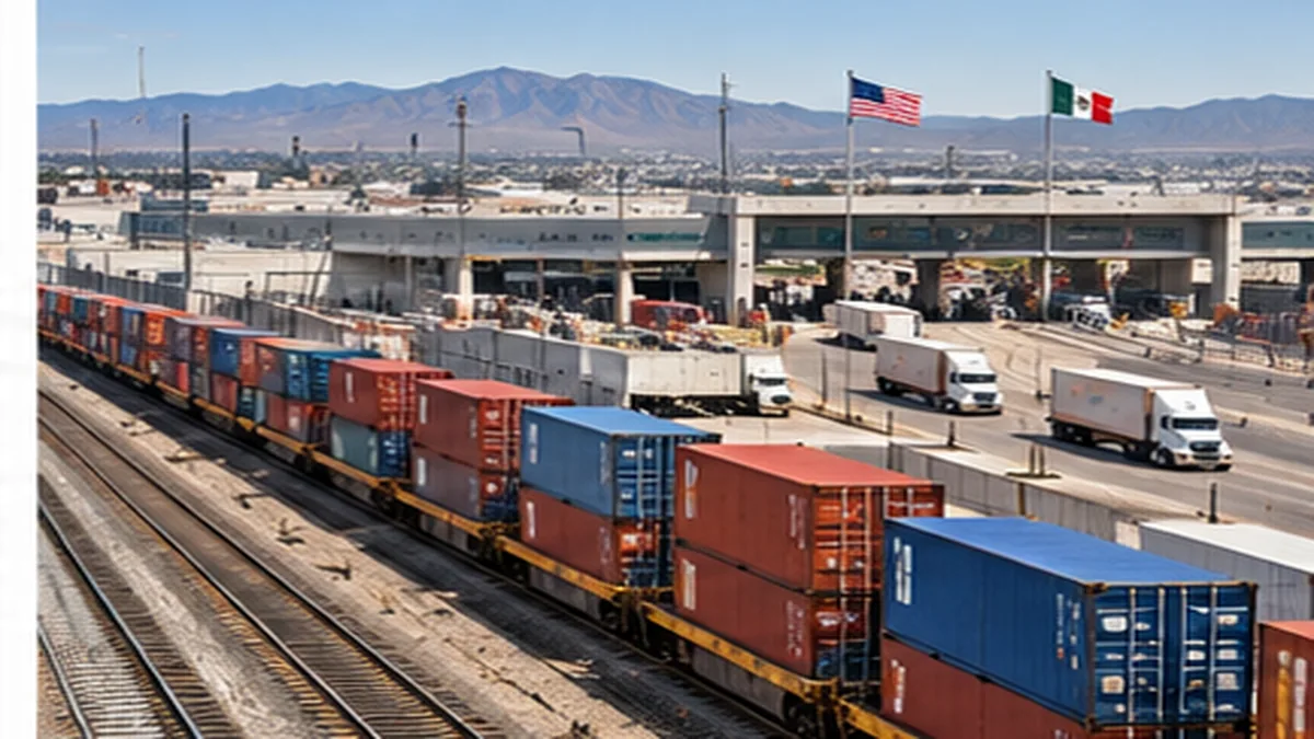 Ilustración editorial de contenedores y trenes de carga en un cruce comercial entre México y Estados Unidos.