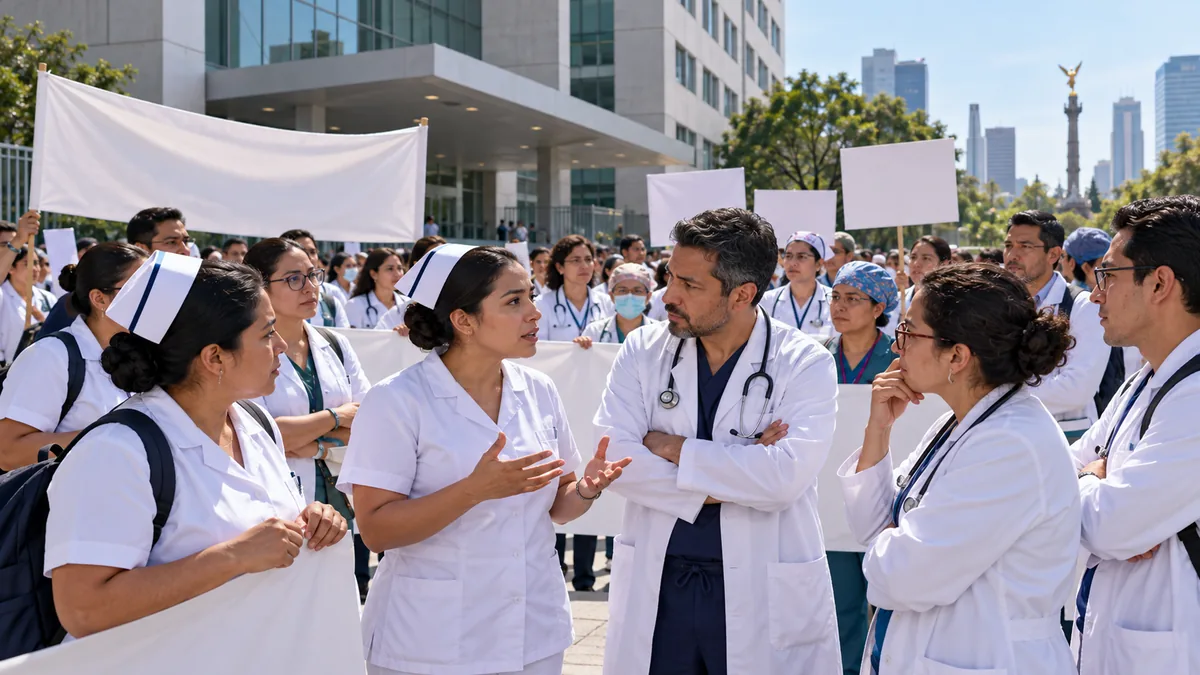 Ilustración editorial de personal médico reunido en una movilización pacífica frente a un centro de salud.