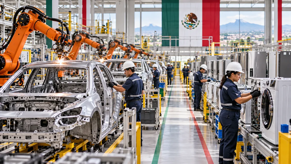 Ilustración editorial de una planta industrial mexicana con líneas de ensamblaje y personal de producción.