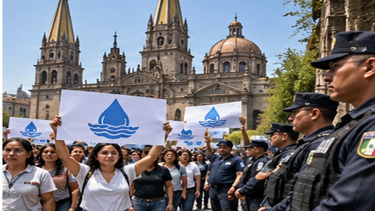 Ilustración editorial de una marcha pacífica por el agua en Guadalajara, acompañada por elementos policiales.