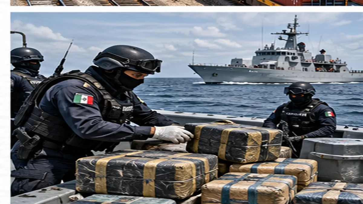 Ilustración editorial de una patrulla naval en el Pacífico durante una operación de interdicción marítima.