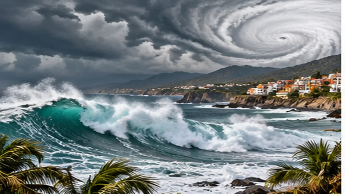 Ilustración editorial de oleaje y nubes de tormenta sobre una localidad costera del Pacífico mexicano.