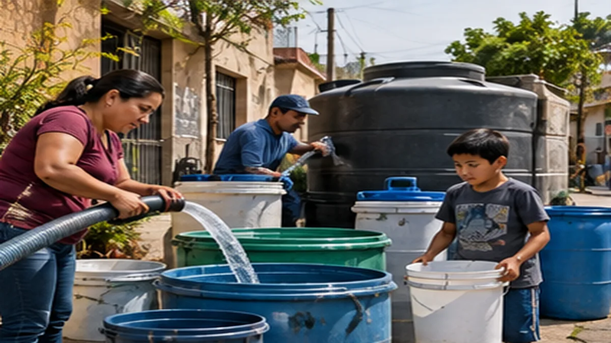 Ilustración editorial de una familia en Guadalajara almacenando agua en recipientes durante cortes programados.