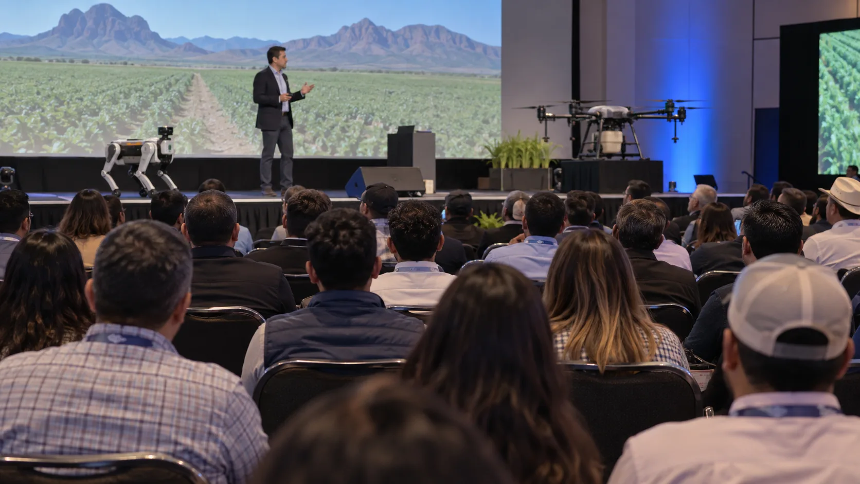 Fotografia de una conferencia tecnologica con demostraciones de robotica en Chihuahua.