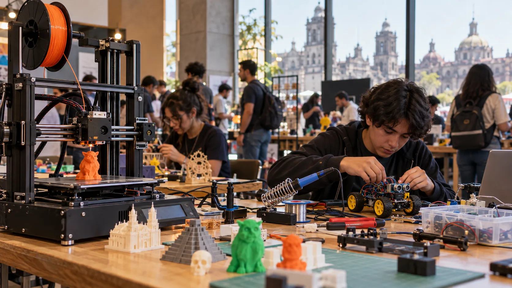 Fotografia de una impresora 3D y un robot en un taller de fabricacion digital.