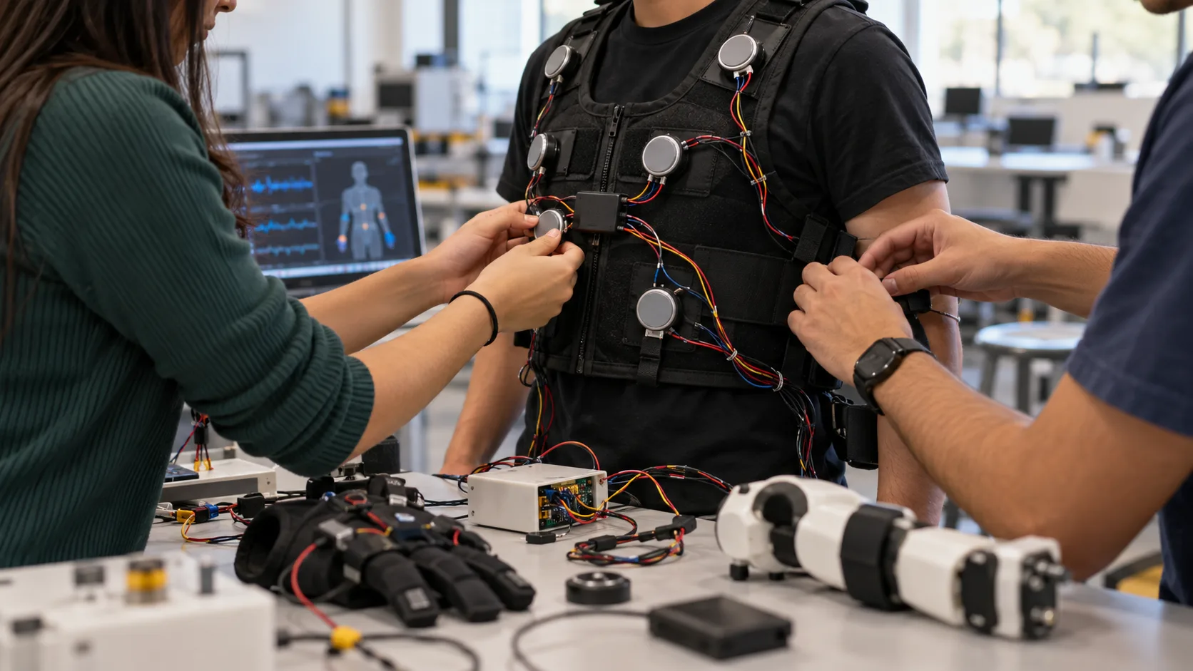 Fotografia de estudiantes probando un chaleco con sensores de apoyo en un laboratorio.