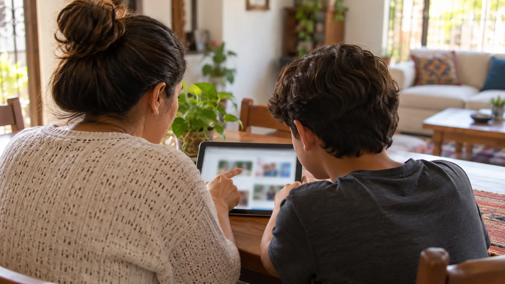 Fotografia de una madre y su hijo conversando sobre el uso seguro de una tableta.