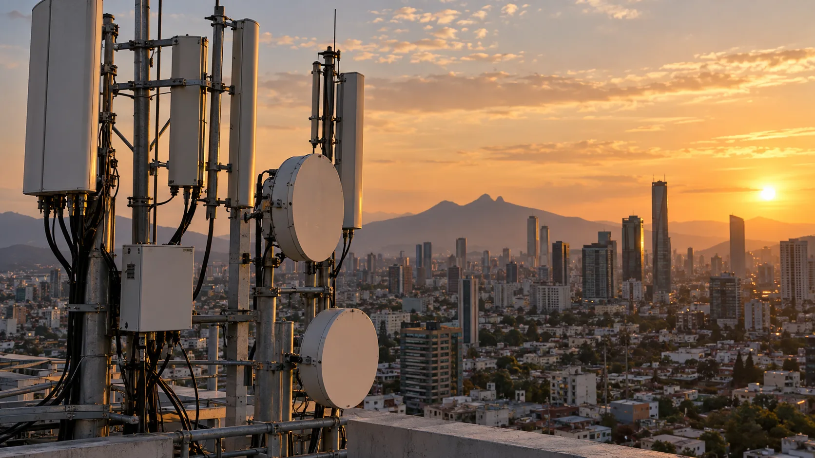 Fotografia de contexto de antenas de telecomunicacion sobre una ciudad mexicana.